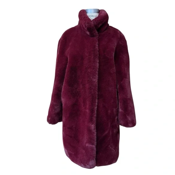 MNG Mango Faux Fur Coat Size S Burgundy - Picture 1 of 12
